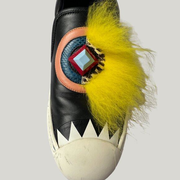 Fendi Monster Slip-On Sneakers Black Yellow Fur 37.5 COA - Picture 5 of 12